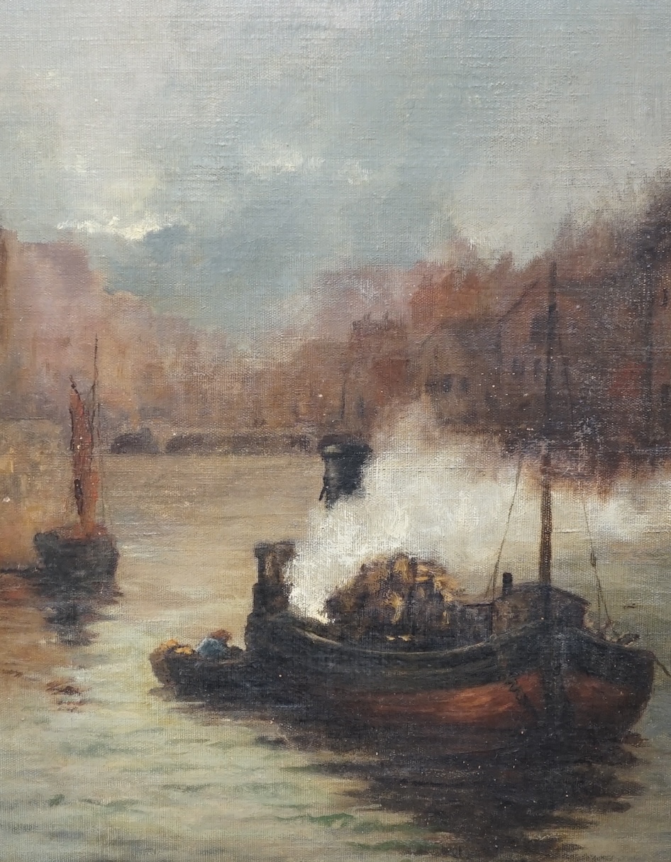19th century, oil on canvas, Dredger at work, Whitby, partial inscribed artist label verso, unsigned, 39 x 31cm, gilt framed. Condition - fair to good